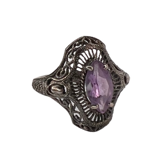 Vintage Amethyst Sterling Silver Filigree Art Deco Ring - Picture 4 of 8